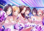  6+girls black_hair blonde_hair blue_eyes blue_hair breasts champagne_flute cleavage closed_eyes closed_mouth colored_inner_hair cup dress drinking_glass facing_viewer grin hashtag-only_commentary highres holding holding_cup hongou_miyuki kitahara_aoba kusunoki_aroma long_hair looking_at_viewer medium_breasts medium_hair multicolored_hair multiple_girls open_mouth parted_lips pink_eyes pink_hair purple_background purple_eyes purple_hair red_eyes red_hair sawaranaide_kotesashi-kun sayamagaoka_chiyo shinjou_takuya short_hair sideways_glance smile sonoda_mayumi strapless strapless_dress sumiyoshi_izumi teeth upper_teeth_only white_dress 