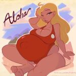  1girl bare_shoulders beach belly big_belly blonde_hair breasts cleavage commentary dark-skinned_female dark_skin english_commentary english_text hand_on_own_head lifeguard lifeguard_(lilo_&amp;_stitch) lilo_&amp;_stitch looking_at_viewer navel one-piece_swimsuit open_mouth outie_navel pregnant red_one-piece_swimsuit solo swimsuit teeth web_address wildegems 