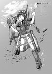  bangs bikini_bottom blunt_bangs boots breasts erica_(naze1940) fish full_body goggles goggles_on_head greyscale gun hand_up highres htms_matchanu kantai_collection long_hair looking_at_viewer medium_breasts midriff monochrome navel original ponytail shirt short_sleeves sidelocks smile snorkel solo stats thigh_strap tied_shirt torpedo translation_request underwater weapon 