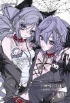  1boy 1girl aegyo_sal animal_collar animal_ears arm_on_another's_shoulder belt blush chain choker closed_mouth collar commentary commission corset_piercing crop_top cross drill_hair ear_piercing fur-trimmed_jacket fur_trim hair_between_eyes hair_ornament highres inverted_cross jacket jewelry kuromi long_hair long_sleeves looking_at_viewer open_clothes open_jacket original pectorals piercing pkolypop purple_eyes purple_hair ring sanrio short_hair silk simple_background sparkle spider_web spider_web_background spider_web_print spiked_choker spikes tattoo thighhighs torn_clothes torn_thighhighs twin_drills white_background zipper 
