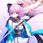  1girl ahoge black_bow bow cherry_blossoms commentary_request edamame_senpai fate/grand_order fate_(series) gradient_background hair_bow haori highres holding holding_sword holding_weapon japanese_clothes katana obi okita_souji_(fate) okita_souji_(koha-ace) orange_eyes pink_hair pixiv_fate/grand_order_contest_1 sash short_hair solo sword upper_body weapon wide_sleeves wind 