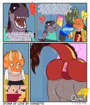 absurd_res anthro anus api_(donisette) body_hair bone_frill bottomwear butt butt_hair centrosaurine ceratopsian ceratopsid chasmosaurine chibi chomp_(dinosaur_king) clothing comic daspletosaurus dialogue dinosaur dinosaur_king_(series) donisette frill_(anatomy) group hekil_(donisette) hi_res horn male male/male marginocephalian ornithischian pants prehistoric_species presenting presenting_hindquarters reptile saurischian scalie styracosaurus surprised sweatpants tail_hair terry_(dinosaur_king) theropod ticket triceratops tyrannosaurid tyrannosauroid tyrannosaurus tyrannosaurus_rex wardrobe_malfunction