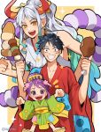  1boy 2girls alynomali aqua_hair black_hair clenched_hands commentary earrings food hair_bun highres holding holding_food horns jewelry kurozumi_tama looking_at_viewer meat monkey_d._luffy multiple_girls one_piece ponytail purple_eyes purple_hair rope sandals scar scar_on_face shimenawa short_hair sidelocks smile sparkle untranslatable_commentary white_ahair wide_sleeves yamato_(one_piece) 