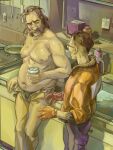  2boys arm_hair belly black_male_underwear bomber_jacket brown_hair buzz_cut chest_hair cup disco_elysium facial_hair feet_out_of_frame gloves hair_slicked_back harry_du_bois highres holding holding_cup indoors jacket kim_kitsuragi kitchen leaning_back looking_at_another male_focus male_underwear mullet multiple_boys mutton_chops open_fly orange_gloves orange_jacket pants round_eyewear short_hair thatuglymeme topless_male underwear very_short_hair 