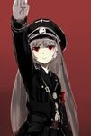  alemanha_is_merda artist_request closed_mouth expressionless hat long_hair nazi red_eyes salute solo straight-arm_salute white_hair 