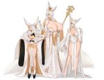  3girls animal_ear_fluff animal_ears areola_slip breasts brown_eyes chinese_clothes cleavage cleavage_cutout closed_mouth clothing_cutout commentary covered_navel dress expressionless eyebrows_hidden_by_hair fox_ears fox_girl fox_tail full_body gloves groin hair_between_eyes hair_over_one_eye highres holding holding_staff huge_breasts japanese_clothes kimono krass large_breasts long_dress long_hair looking_at_viewer mole mole_on_breast multiple_girls okobo open_mouth original pelvic_curtain platform_sandals sandals shadow shoes siblings simple_background sisters smile socks staff tail untranslatable_commentary white_background white_dress white_gloves white_hair white_kimono white_shoes white_socks 