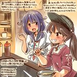  ahoge akagi_(kantai_collection) brown_eyes brown_hair commentary_request cooking dated grin kantai_collection kirisawa_juuzou long_hair magatama multiple_girls necktie purple_hair red_eyes red_neckwear ryuujou_(kantai_collection) sailor_collar school_uniform serafuku short_hair smile sweat taigei_(kantai_collection) traditional_media translation_request twintails twitter_username visor_cap 