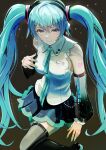  1girl absurdres aqua_eyes aqua_hair aqua_nails aqua_ribbon aqua_trim arm_tattoo armpit_crease black_background black_skirt black_thighhighs blush breasts closed_mouth collared_shirt commentary_request detached_sleeves fingernails hair_between_eyes hair_ornament hatsune_miku hatsune_miku_(nt) highres hxk4_n layered_sleeves long_hair long_sleeves looking_at_viewer medium_breasts musical_note musical_staff nail_polish necktie number_tattoo official_alternate_costume piapro_studio pleated_skirt ribbon see-through_clothes see-through_sleeves shirt simple_background skirt sleeveless sleeveless_shirt smile solo tattoo teeth thighhighs twintails twitter_username very_long_hair vocaloid white_shirt 