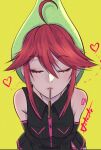  1girl alternate_hairstyle antenna_hair astartefrost black_shirt black_skirt blush breasts detached_sleeves food fruit heart highres imminent_kiss kasane_teto kasane_teto_(utau) parted_lips pear pocky pocky_kiss red_hair shirt signature simple_background skirt upper_body utau yellow_background 