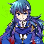  blue_eyes blue_hair cape celice_(fire_emblem) fire_emblem fire_emblem:_seisen_no_keifu green_background hair_ornament looking_at_viewer male_focus ponytail simple_background smile socha solo twitter_username 