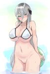  absurdres arms_behind_back ball beachball bikini bikini_top_only blush boaplant_feeder breasts commentary_request green_eyes grey_hair hair_between_eyes highres large_breasts long_hair looking_to_the_side navel nipples partially_submerged pussy senkou_(senran_kagura) senran_kagura senran_kagura_new_link sidelocks suggestive_fluid swimsuit tearing_up water 