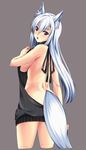  animal_ears backless_dress backless_outfit bad_id bad_twitter_id bare_back blush breasts cowboy_shot dress fox_ears fox_tail grey_background koneko_(nonnkimono) large_breasts long_hair looking_back meme_attire naked_sweater open_mouth original red_eyes ribbed_sweater sideboob silver_hair simple_background sketch solo sweater sweater_dress tail turtleneck turtleneck_sweater virgin_killer_sweater 