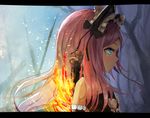  animal_ears artist_request bare_shoulders blue_eyes bunny_ears dress elbow_gloves elin_(tera) fire from_side gloves long_hair magic maid_headdress outdoors pink_hair solo strapless strapless_dress sword tera_online tree upper_body weapon 