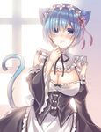  animal_ears blue_eyes blue_hair blush breasts cat_ears cat_girl cat_tail detached_sleeves eyes_visible_through_hair frilled_sleeves frills hair_ornament hair_ribbon highres large_breasts looking_at_viewer maid maid_headdress pink_ribbon re:zero_kara_hajimeru_isekai_seikatsu rem_(re:zero) ribbon short_hair solo suzune_rena tail x_hair_ornament 