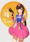  2017 ;d alternate_costume alternate_hairstyle bangs bow braid brown_eyes brown_hair bunny_hair_ornament clenched_hand cowboy_shot d.va_(overwatch) dated dress eyelashes facepaint facial_mark fingernails floral_print gun hair_ornament hair_ribbon hanbok handgun hands_up highres holding holding_gun holding_weapon korean_clothes legs_apart long_hair long_sleeves looking_at_viewer multicolored multicolored_stripes nail_polish natsuhara one_eye_closed open_mouth overwatch palanquin_d.va pink_lips pink_nails pink_skirt ribbon single_braid skirt skirt_set smile solo striped striped_sleeves swept_bangs tassel teeth trigger_discipline twitter_username weapon whisker_markings 
