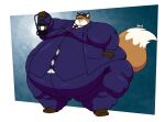 2026 3_toes 5_fingers anthro arms_bent barefoot batspid2 belly big_belly big_moobs blue_bottomwear blue_clothing blue_pants blue_topwear blue_vest bottomwear brown_ears brown_eyes brown_hands button_(fastener) canid canine cel_shading chubby_cheeks clothed clothed_anthro clothed_male clothing colored conductor digital_drawing_(artwork) digital_media_(artwork) double_chin english_description eyebrow_through_hair eyebrows fangs fat_arms fat_legs feet fingers fluffy fluffy_tail fog fox foxfield_railway fully_clothed fully_clothed_anthro fully_clothed_male fur hair hand_on_hip hand_on_own_hip happy hi_res holding_lantern huge_belly huge_thighs male male_anthro mammal moobs morbidly_obese morbidly_obese_anthro morbidly_obese_male multicolored_body multicolored_fur necktie obese obese_anthro obese_male open_mouth open_smile orange_hair orange_tail overweight overweight_anthro overweight_male pants pink_tongue red_necktie reg_the_railway_fox shaded short_hair signature smile solo standing tail teeth thick_thighs thin_eyebrows three-quarter_view toes tongue topwear translucent translucent_hair two_tone_tail vest white_body white_dress_shirt white_fur white_inner_ear wide_hipped_anthro wide_hipped_male