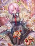  bare_shoulders black_dress black_legwear blush breasts card closed_mouth commentary_request dress eyewear_removed fate/grand_order fate_(series) flower food fork fou_(fate/grand_order) fruit full_body glasses heart holding holding_eyewear holding_fork large_breasts lavender_hair long_sleeves macaron marshmallow mash_kyrielight necktie off_shoulder on_bed pantyhose pillow playing_card purple_eyes red_neckwear short_hair sitting sleeveless sleeveless_dress smile solo strawberry torino_akua wariza 