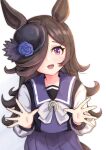 1girl absurdres animal_ears blue_flower blue_hat blue_rose blush bow bowtie brown_hair commentary_request flipped_hair flower hair_over_one_eye hat hat_flower highres horse_ears horse_girl horse_tail long_hair long_sleeves looking_at_viewer momami_mo_ma open_mouth pleated_skirt purple_eyes purple_sailor_collar purple_serafuku purple_shirt purple_skirt rice_shower_(umamusume) rose sailor_collar sailor_shirt school_uniform serafuku shirt simple_background skirt smile solo tail tilted_headwear tracen_school_uniform umamusume white_background white_bow white_bowtie 