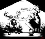  absurd_res alcohol anthro beverage boreoboros bovine bowl buffalo cape_buffalo cervine chief_bogo clothed clothing cup dialogue disney duo fan_character half-closed_eyes hi_res hooves horn looking_down male mammal maurice_fournier monochrome moose noir police_uniform signature sitting speech_bubble standing text uniform zootopia 