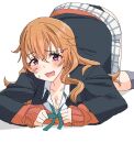  1girl black_jacket black_panties blush breasts brown_hair cardigan cleavage collarbone commentary_request foot_out_of_frame green_ribbon grey_socks hair_ornament hairclip highres jacket konoe_kanata large_breasts long_hair long_sleeves looking_at_viewer loose_neck_ribbon love_live! love_live!_nijigasaki_high_school_idol_club miniskirt neck_ribbon nijigasaki_school_uniform open_clothes open_jacket orange_cardigan panties pleated_skirt poizun_(user_wmgk4287) ribbon school_uniform skirt sleeves_past_wrists socks solo teeth top-down_bottom-up underwear upper_teeth_only white_skirt winter_uniform 