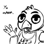  2015 animatronic anthro avian bib bird black_and_white chica_(fnaf) chicken dialogue english_text female five_nights_at_freddy&#039;s inkyfrog looking_at_viewer machine monochrome robot simple_background solo talking_to_viewer text video_games waving white_background 
