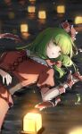  1girl bow breasts brown_corset commentary_request corset dress frilled_bow frilled_ribbon frills green_eyes green_hair hair_bow hair_ribbon highres kagiyama_hina lantern lantern_on_liquid long_hair lying medium_breasts on_back open_mouth paper_lantern puffy_short_sleeves puffy_sleeves red_bow red_dress red_ribbon ribbon shironeko_yuuki short_sleeves solo touhou water wrist_ribbon 