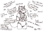 ambiguous_gender anthro backwards_hat blush blush_lines bodily_fluids canid canine clothed clothing dialogue diaper diaper_under_clothing ears_down ellipsis english_text exclamation_point front_view genital_fluids greyscale hand_behind_back hat head_horn headgear headwear hi_res horn humiliation laugh mammal monochrome neemitenaide object_in_mouth offscreen_character overalls pacifier pacifier_clip pacifier_in_mouth pivoted_ears portrait public public_humiliation shirt shortalls solo tail text text_on_clothing three-quarter_portrait tilde_after_text topwear unclean_diaper urine used_diaper using_diaper wearing_diaper wet_diaper wetting wetting_diaper xd