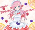  1girl apron blue_eyes blueberry commentary cowboy_shot dated dress food frilled_apron frilled_gloves frills fruit gingham_clothes gingham_dress gloves grin hair_flaps happy_birthday hashtag-only_commentary heart heart_of_string holding holding_food holding_fruit ikizulive!_love_live!_bluebird kanazawa_miracle looking_at_viewer love_live! maid_apron maid_headdress orange_(fruit) orange_slice pink_hair puffy_short_sleeves puffy_sleeves raspberry red_dress short_sleeves smile solo szs25252 untranslatable_commentary waitress white_apron white_gloves 