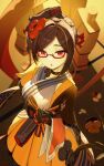  1girl :o absurdres aquilar bespectacled black_gloves blonde_streaks bow breasts brown_hair chiori_(genshin_impact) clenched_hand commentary genshin_impact glasses gloves grey_kimono hair_ornament hand_up highres japanese_clothes kimono looking_at_viewer multicolored_hair red-framed_eyewear red_eyes semi-rimless_eyewear signature solo streaked_hair yellow_bow 