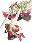  1girl absurdres alternate_costume angry armpits arms_up belt blonde_hair breasts brown_belt brown_thighhighs celica_(fire_emblem) celica_(fire_emblem)_(cosplay) circle commission cosplay eyelashes falchion_(fire_emblem) fgsketch fire_emblem fire_emblem_awakening floating_hair full_body highres holding holding_sword holding_weapon leg_armor long_hair navel nowi_(fire_emblem) open_mouth pointy_ears purple_eyes red_shoes red_shorts revealing_clothes second-party_source shoes shorts signature simple_background slit_pupils small_breasts solo stomach sword teeth thighhighs thighs underboob v-shaped_eyebrows weapon white_background 