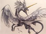  ambiguous_gender dragon feathered_wings feathers feral fur furred_dragon horn hybrid open_mouth solo thecrazydragon traditional_media_(artwork) wings 