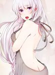  1pinpon ass back backless_dress backless_outfit bangs bare_back bare_shoulders blush breasts butt_crack dimples_of_venus dress emilia_(re:zero) eyebrows_visible_through_hair from_behind grey_dress halterneck highres long_hair looking_at_viewer looking_back low-tied_long_hair medium_breasts meme_attire naked_sweater no_bra no_panties open_mouth purple_eyes re:zero_kara_hajimeru_isekai_seikatsu ribbed_sweater shoulder_blades sideboob solo sweater sweater_dress turtleneck turtleneck_sweater upper_body virgin_killer_sweater 