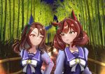  2girls absurdres animal_ears bamboo bamboo_forest blush bow bowtie breasts brown_eyes brown_hair closed_mouth collarbone ear_bow ear_covers ear_ribbon forest green_bow hair_between_eyes highres horse_ears horse_girl king_halo_(umamusume) long_hair long_sleeves medium_breasts medium_hair multicolored_hair multiple_girls nature nice_nature_(umamusume) open_mouth purple_sailor_collar purple_shirt red_eyes s00h11o13 sailor_collar sailor_shirt school_uniform shirt smile streaked_hair tracen_school_uniform twintails umamusume white_bow white_bowtie 