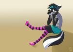  anthro clothed clothing eyewear glasses headphones legwear male mammal sitting skunk socks solo striped_legwear striped_socks stripes teeth thecrazydragon 