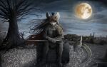 2019 alternate_version_at_source anthro armor biped black_hair black_nose bloodborne clothed clothing fromsoftware front_view fuf fur gauntlets gloves glowing glowing_eyes greaves hair handwear hi_res holding_melee_weapon holding_object holding_weapon long_hair male mammal melee_weapon moon mouse murid murine night outside plant polearm red_eyes red_moon rodent scythe sitting solo sony_corporation sony_interactive_entertainment tree weapon whiskers white_body white_fur