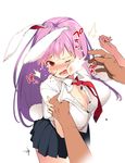  1girl abuse animal_ears black_skirt blonde_hair blush breasts bunny_ears bunny_tail cleavage commentary_request crying crying_with_eyes_open hitting large_breasts long_hair miniskirt necktie one_eye_closed pleated_skirt purple_hair red_eyes red_neckwear reisen_udongein_inaba saryuu_(iriomote) shirt simple_background sketch skirt slapping solo_focus tail tears touhou white_background white_shirt 