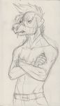  anthro canine clothed clothing crossed_arms dog fur hair male mammal monochrome rottweiler sketch solo standing thecrazydragon topless traditional_media_(artwork) 
