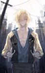  1boy bandage_on_face bandaged_arm bandages blonde_hair blue_jacket cityscape closed_mouth commentary cowboy_shot grey_pants hair_between_eyes hands_in_pockets highres hood hood_down hooded_jacket jacket long_sleeves looking_at_viewer lying_ay male_focus medium_hair midriff_sarashi one_eye_closed pants power_lines sarashi scar scar_on_chest scar_on_face scar_on_mouth sketch_background sky skyline slow_damage smile solo straight-on towa_(slow_damage) utility_pole white_sky yellow_eyes 