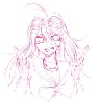  1girl antenna_hair barbed_wire bow breasts choker cleavage commentary_request danganronpa_(series) danganronpa_v3:_killing_harmony double_middle_finger eyelashes fingerless_gloves fingernails gloves goggles goggles_on_head hair_between_eyes iruma_miu kinashi_runamu long_hair long_sleeves middle_finger monochrome open_mouth sailor_collar simple_background smile solo teeth tongue tongue_out white_background 