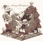  1girl 2boys box capelet christmas_tree closed_mouth commentary cookie couch dated dress english_commentary facial_hair facing_viewer food full_body furry furry_male gerald_robotnik gift gift_box gingerbread_man gloves grandfather_and_granddaughter greyscale hat hedgehog_boy highres holding holding_box holding_gift holding_hands lab_coat looking_at_another maria_robotnik merry_christmas mini_snowman monochrome multiple_boys mustache on_couch pants plate roza_(tanukiracoon427) santa_hat scarf shadow_the_hedgehog shoes signature sitting sleeping smile snow_globe sonic_(series) star_(symbol) sunglasses 