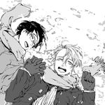  ^_^ closed_eyes coat from_above glasses gloves greyscale holding_hands interlocked_fingers katsuki_yuuri laughing lying male_focus monochrome multiple_boys on_back open_mouth scarf smile snow viktor_nikiforov you_(gay322k) yuri!!!_on_ice 