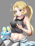  bad_revision bare_shoulders black_tank_top blonde_hair blue_eyes blush breast_hold breasts clothes_around_waist covering_eyes froakie gen_6_pokemon green_eyes highres large_breasts lips md5_mismatch midriff mokorei navel pink_lips pokemon pokemon_(creature) pokemon_special ponytail resized solo stomach sweatdrop tank_top upscaled y_na_gaabena 