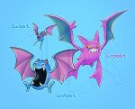  blue_background character_name colored_sclera crobat evolutionary_line fangs golbat no_humans open_mouth pokemon pokemon_(creature) polka_dot polka_dot_background red_eyes twilidramonart yellow_sclera zubat 