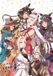  6+girls ahoge animal_ears armband ascot asymmetrical_shirt beanie black_ascot black_coat black_gloves black_hair blue_coat blue_eyes blunt_bangs blush bow breasts brown_eyes brown_hair closed_eyes closed_mouth coat collared_shirt commentary_request confetti denim dice dice_necklace dice_pendant dream_journey_(reminder_of_dreamland)_(umamusume) dream_journey_(umamusume) dress ear_covers ears_through_headwear eyewear_strap fenomeno_(black_flames_of_the_righteous_spirit)_(umamusume) fenomeno_(umamusume) fingerless_gloves flipped_hair glasses gloves goggles goggles_around_neck gold_ship_(red_strife)_(umamusume) gold_ship_(umamusume) grey_hair grey_hat hair_between_eyes hat highres horse_ears horse_girl horse_tail horseshoe_hat_ornament horseshoe_ornament jacket jeans jewelry long_hair long_sleeves midriff multicolored_hair multiple_girls nakayama_festa_(shichuukyuukatsu)_(umamusume) nakayama_festa_(umamusume) navel necklace open_mouth orange_hair orfevre_(control)_(umamusume) orfevre_(umamusume) pants pantyhose peaked_cap pillbox_hat puffy_sleeves purple_eyes purple_hair red_dress red_shirt shirt single_ear_cover sleeveless sleeveless_dress smile stay_gold_(sunlit_outsider)_(umamusume) stay_gold_(umamusume) stay_gold_clan_(umamusume) striped_armband striped_clothes striped_hat sweatdrop tail tirokuro17 torn_clothes torn_jeans torn_pants torn_shirt two-tone_hair umamusume white_coat white_gloves white_hair white_pantyhose white_shirt yellow_coat 