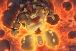 2_horns anthro areola armband bath bathing black_armband black_collar bowser bracelet chest_tuft claws collar embers eyebrows fangs genitals glans green_shell hair hi_res horn hot_spring jewelry lava looking_at_viewer male mario_bros muscular muscular_anthro muscular_male navel nintendo nipples nude nude_anthro nude_male orange_body pecs penis pubes red_pubes relaxing rock scales shell solo spiked_armband spiked_bracelet spiked_collar spikes spread_legs spreading teeth tuft volcano voldyscribbles water