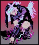  1other black_robe blood blood_on_mouth boots candle closed_mouth cross_hat_ornament eyelashes feathered_wings full_body gradient_background grey_background hashtag-only_commentary highres jewelry leather leather_boots mgong520 multiple_rings nun_headdress original pink_background ring robe simple_background smile solo squatting vambraces wings yellow_eyes 