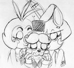  &lt;3 2015 animatronic anthro avian bear bird black_and_white bow_tie buckteeth chicken eyes_closed female five_nights_at_freddy&#039;s five_nights_at_freddy&#039;s_2 group hat inkyfrog kissing lagomorph machine male mammal monochrome rabbit robot simple_background smile teeth top_hat toy_bonnie_(fnaf) toy_chica_(fnaf) toy_freddy_(fnaf) traditional_media_(artwork) video_games white_background 