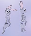  2017 anthro blush butt clothed clothing disney female judy_hopps lagomorph looking_at_viewer looking_back mammal purple_background purple_eyes rabbit simple_background sitting solo standing sweater virgin_killer_sweater yitexity zootopia 