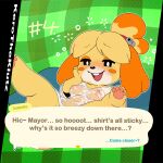 1:1 animal_crossing anthro canid canine canis censored censored_genitalia clothing dialogue dialogue_box digital_media_(artwork) domestic_dog drunk drunk_sex female fur genitals hair hi_res isabelle_(animal_crossing) kerotheklutz looking_at_viewer mammal nintendo nipples nude shih_tzu smile solo spread_legs spreading substance_intoxication tail text toy_dog vulva watermark wet wet_clothing yellow_body yellow_fur