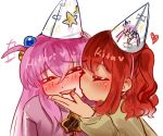  2girls ahoge ahoge_wag artist_name birthday black_eyes blush bocchi_the_rock! character_name closed_eyes cube_hair_ornament drawing_(object) drooling expressive_hair hair_between_eyes hair_ornament hat highres hitori_bocchi kimberkcally kiss kissing_cheek kita_ikuyo long_hair long_sleeves medium_hair multiple_girls narrowed_eyes open_mouth party_hat pink_hair pink_track_suit red_hair saliva shirt short_side_ponytail sidelocks simple_background star_(symbol) track_suit upper_body white_background yellow_shirt yuri 